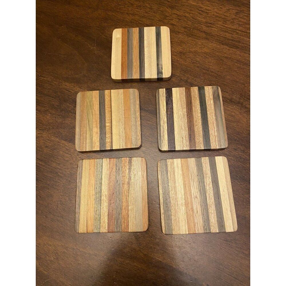 Wooden Coasters Set Of 4 Striped Layered Natural Wood Square Stackable